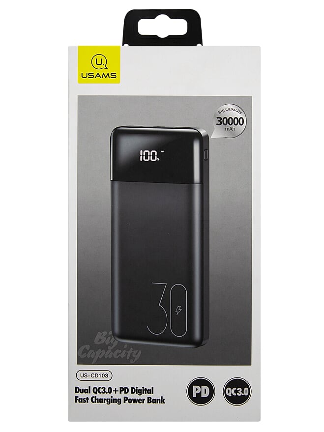 

Портативный аккумулятор (Powerbank) USAMS US-CD103, 30000mAh, 2xUSB, Type-C, QC, черный, US-CD103