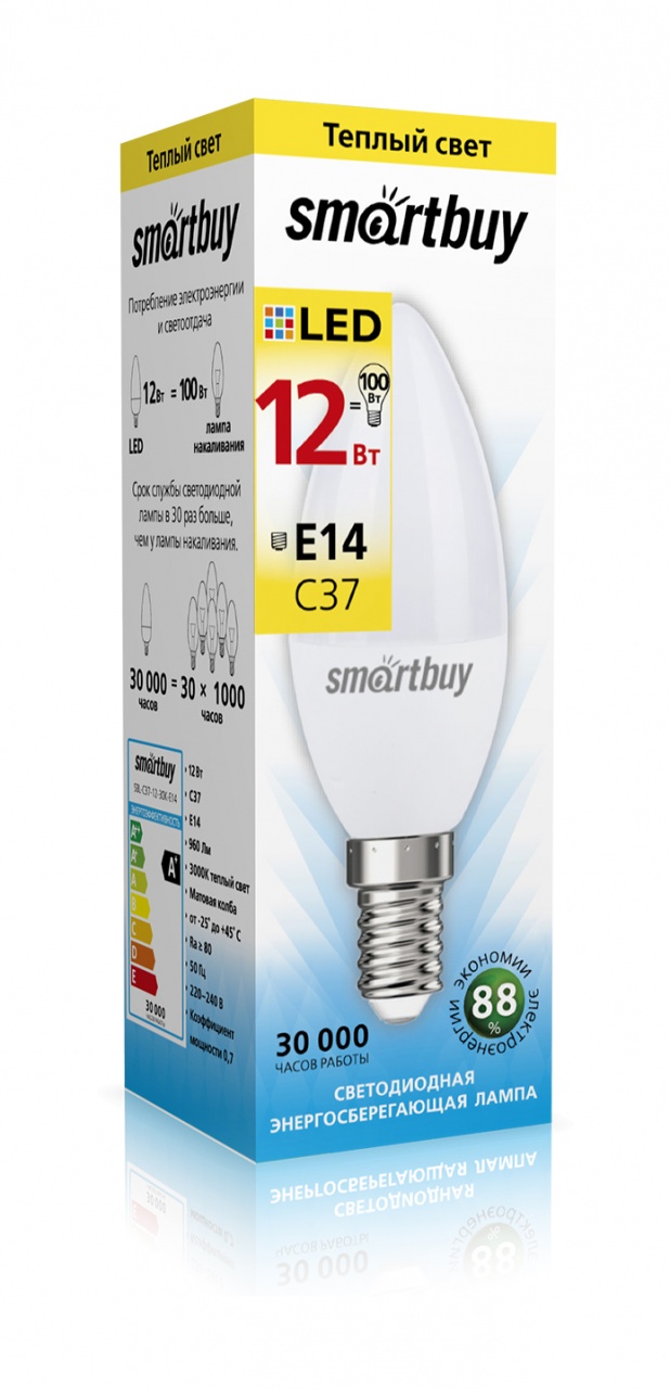 

Лампа светодиодная E14 свеча/C37, 12Вт, 3000K / теплый свет, 960лм, SMARTBUY (SBL-C37-12-30K-E14)