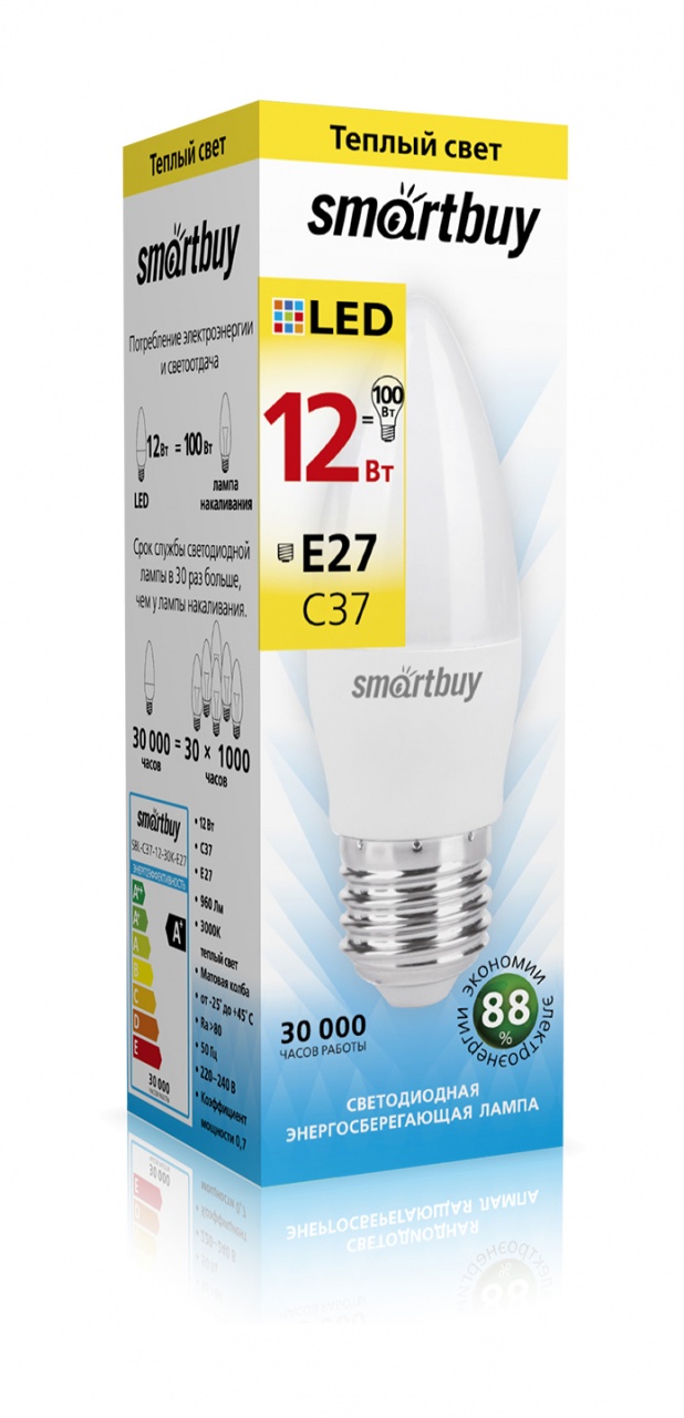 

Лампа светодиодная E27 свеча/C37, 12Вт, 3000K / теплый свет, 960лм, SMARTBUY (SBL-C37-12-30K-E27)