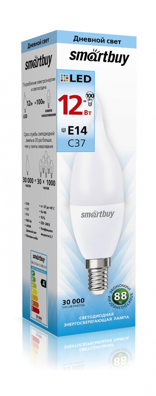 

Лампа светодиодная E14 свеча на ветру/C37, 12Вт, 4000K / белый, 960лм, SMARTBUY (SBL-C37Can-12-40K-E14)