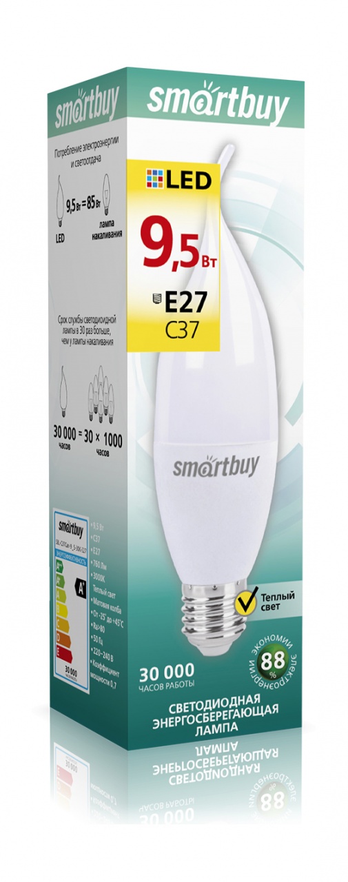 

Лампа светодиодная E27 свеча на ветру/C37, 9.5Вт, 3000K / теплый свет, 760лм, SMARTBUY (SBL-C37Can-9_5-30K-E27), 0