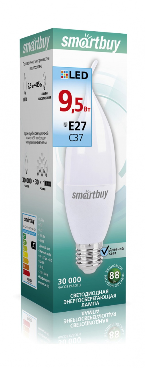 

Лампа светодиодная E27 свеча на ветру/C37, 9.5Вт, 6000K / холодный свет, 760лм, SMARTBUY (SBL-C37Can-9_5-60K-E27)