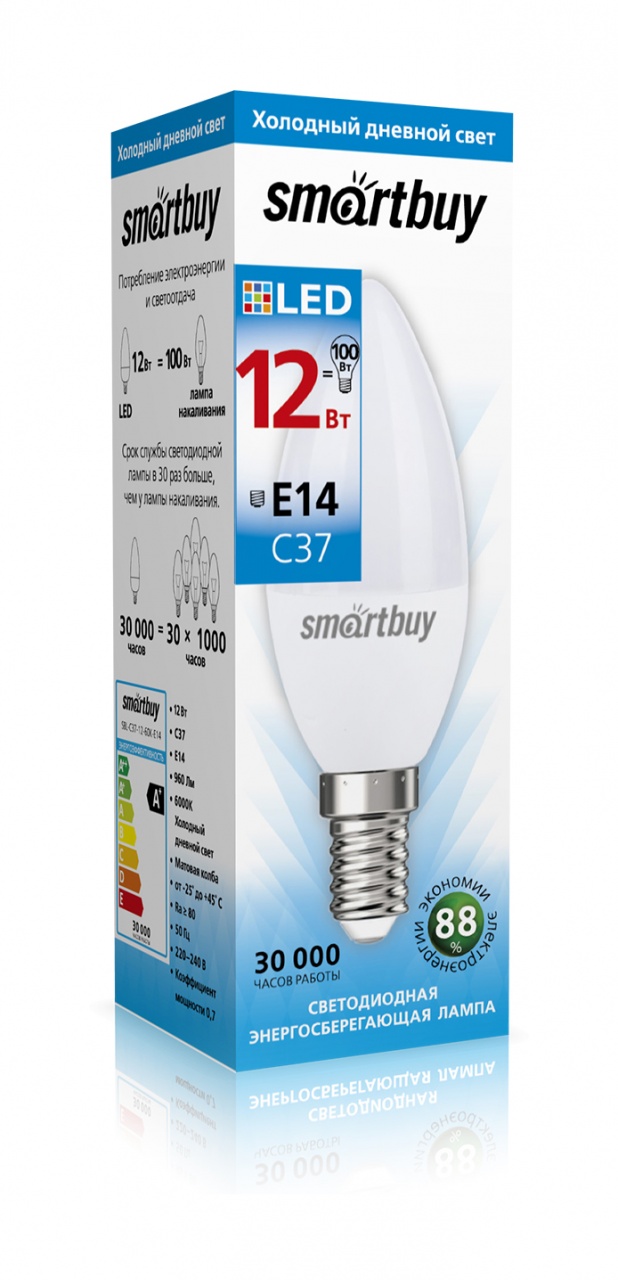 

Лампа светодиодная E14 свеча/C37, 12Вт, 6000K / холодный свет, 960лм, SMARTBUY (SBL-C37-12-60K-E14)