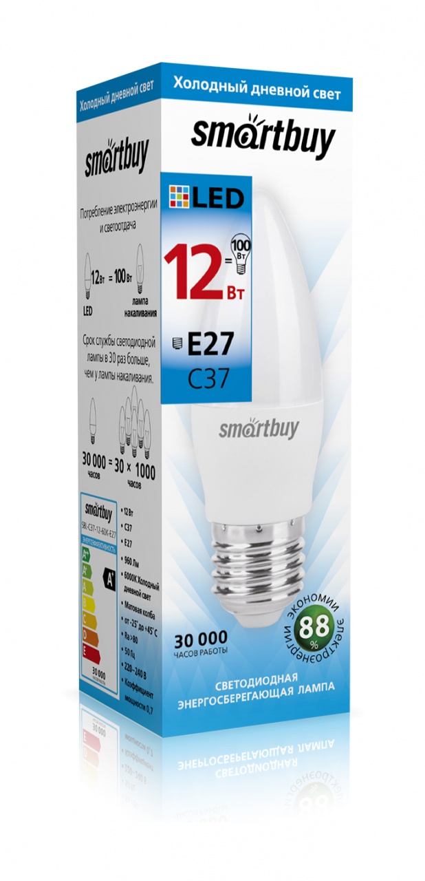

Лампа светодиодная E27 свеча/C37, 12Вт, 6000K / холодный свет, 960лм, SMARTBUY (SBL-C37-12-60K-E27)
