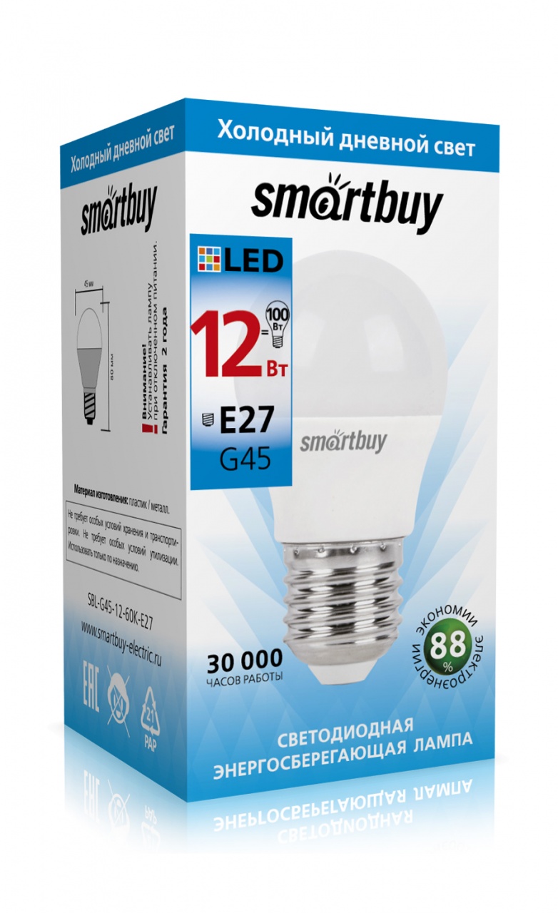 

Лампа светодиодная E27 шар/G45, 12Вт, 6000K / холодный свет, 960лм, SMARTBUY (SBL-G45-12-60K-E27)
