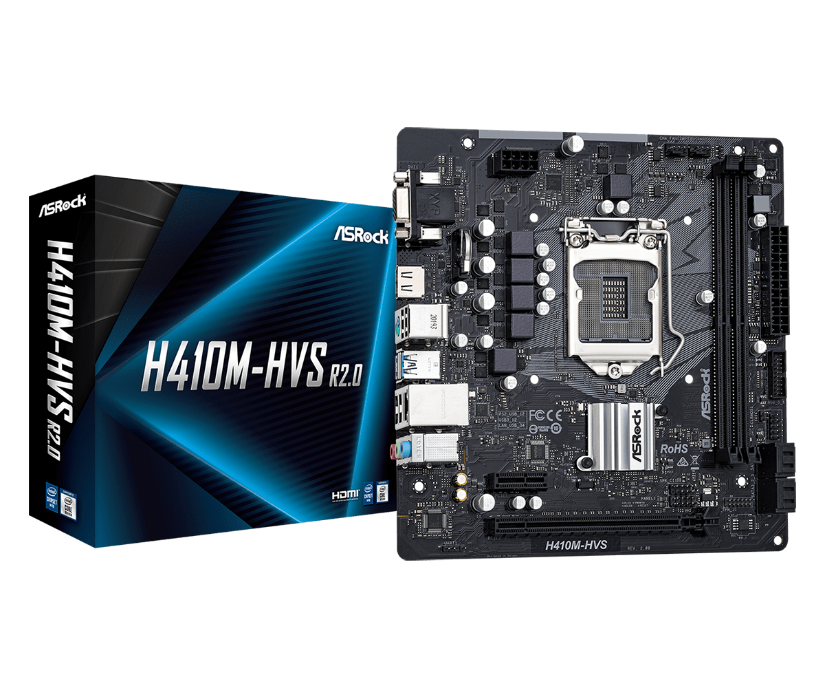 Материнская плата ASRock H410M-HVS R2.0, Socket1200, Intel H410, 2xDDR4, PCI-Ex16, 4SATA3, 7.1-ch, GLAN, 4USB 3.2, VGA, HDMI, mATX, Retail