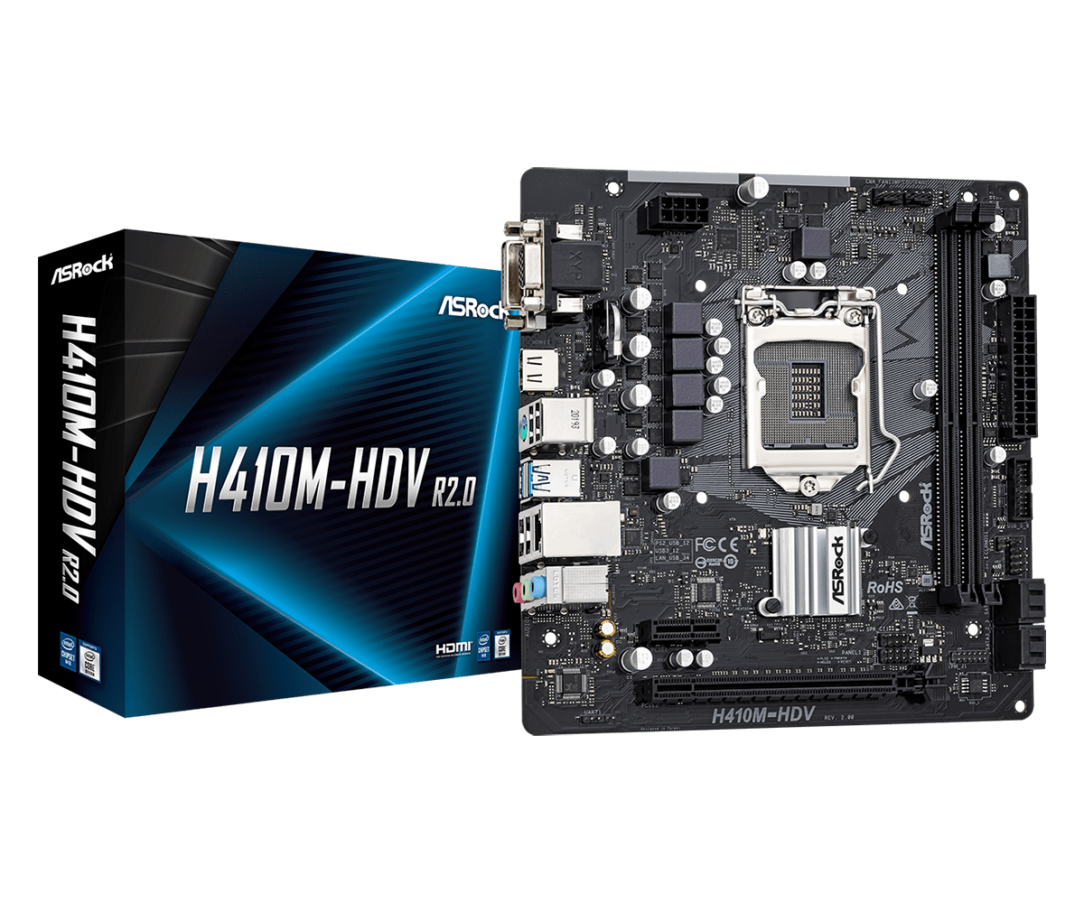 

Материнская плата ASRock H410M-HDV R2.0, Socket1200, Intel H410, 2xDDR4, PCI-Ex16, 4SATA3, 7.1-ch, GLAN, 4 USB 3.2, VGA, DVI, HDMI, mATX, Retail, H410M-HDV R2.0