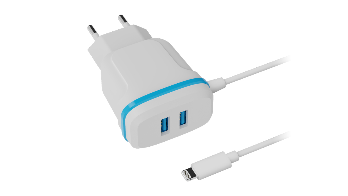 

Сетевое зарядное устройство Ritmix RITMIX RM-2082L, 2USB, 2A, белый, кабель Lightning, RITMIX RM-2082L