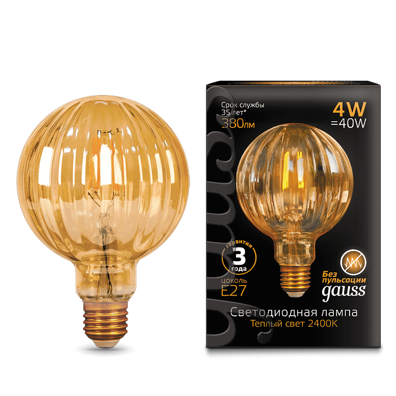 

Лампа светодиодная E27 Baloon/G100, 4Вт, 2400K / теплый свет, 380лм, филаментная, Gauss Vintage Filament (147802004), 0
