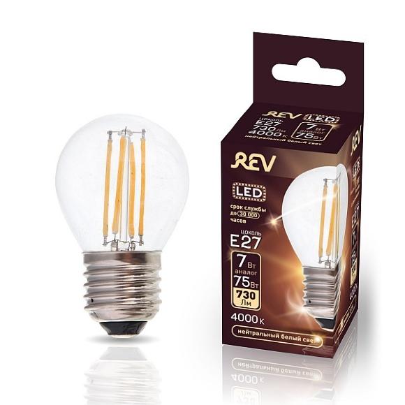

Лампа светодиодная E27 шар/G45, 7Вт, 4000K / белый, 730лм, филаментная, REV Filament DECO Premium (32485 0)