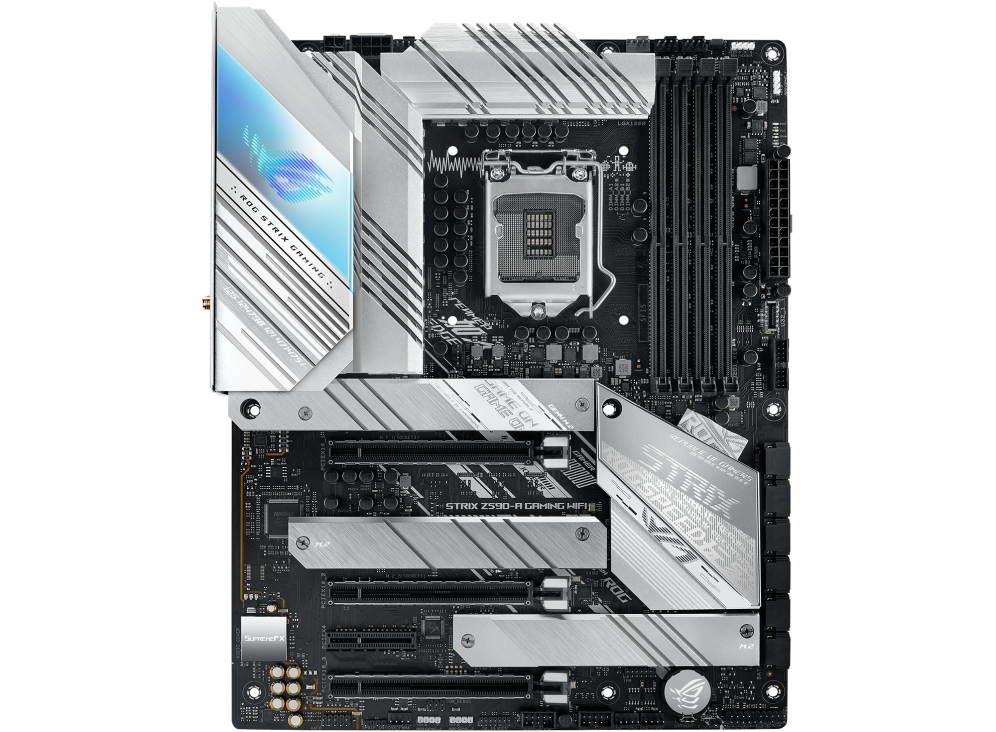 

Материнская плата ASUS ROG STRIX Z590-A GAMING WIFI, Socket1200, Intel Z590, 4xDDR4, 3PCI-Ex16, 6SATA3, 7.1-ch, 2.5GLAN, 6USB 3.2, 2USB Type-C, HDMI, DisplayPort, ATX, Retail, ROG STRIX Z590-A GAMING WIFI