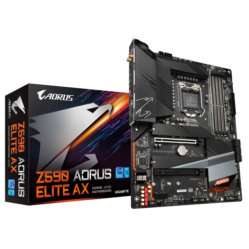 

Материнская плата GIGABYTE Z590 AORUS ELITE AX, Socket1200, Intel Z590, 4xDDR4, 2PCI-Ex16, 6SATA3, 7.1-ch, 2.5GLAN, 7USB 3.2, 2USB Type-C, DisplayPort, ATX, Retail, Z590 AORUS ELITE AX