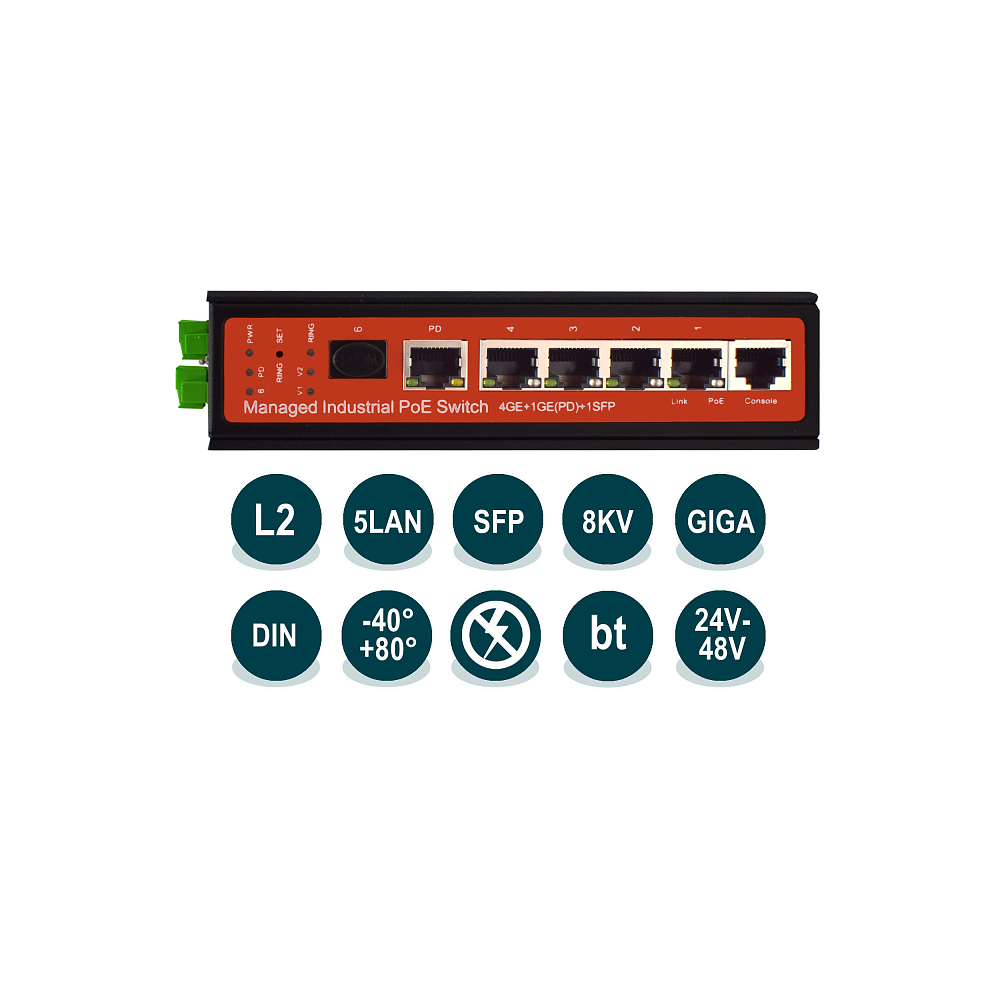 

Коммутатор Wi-Tek WI-PMS305GF-I, управляемый, кол-во портов: 5x1 Гбит/с, SFP 1x1 Гбит/с, PoE:5x60 Вт, WI-PMS305GF-I