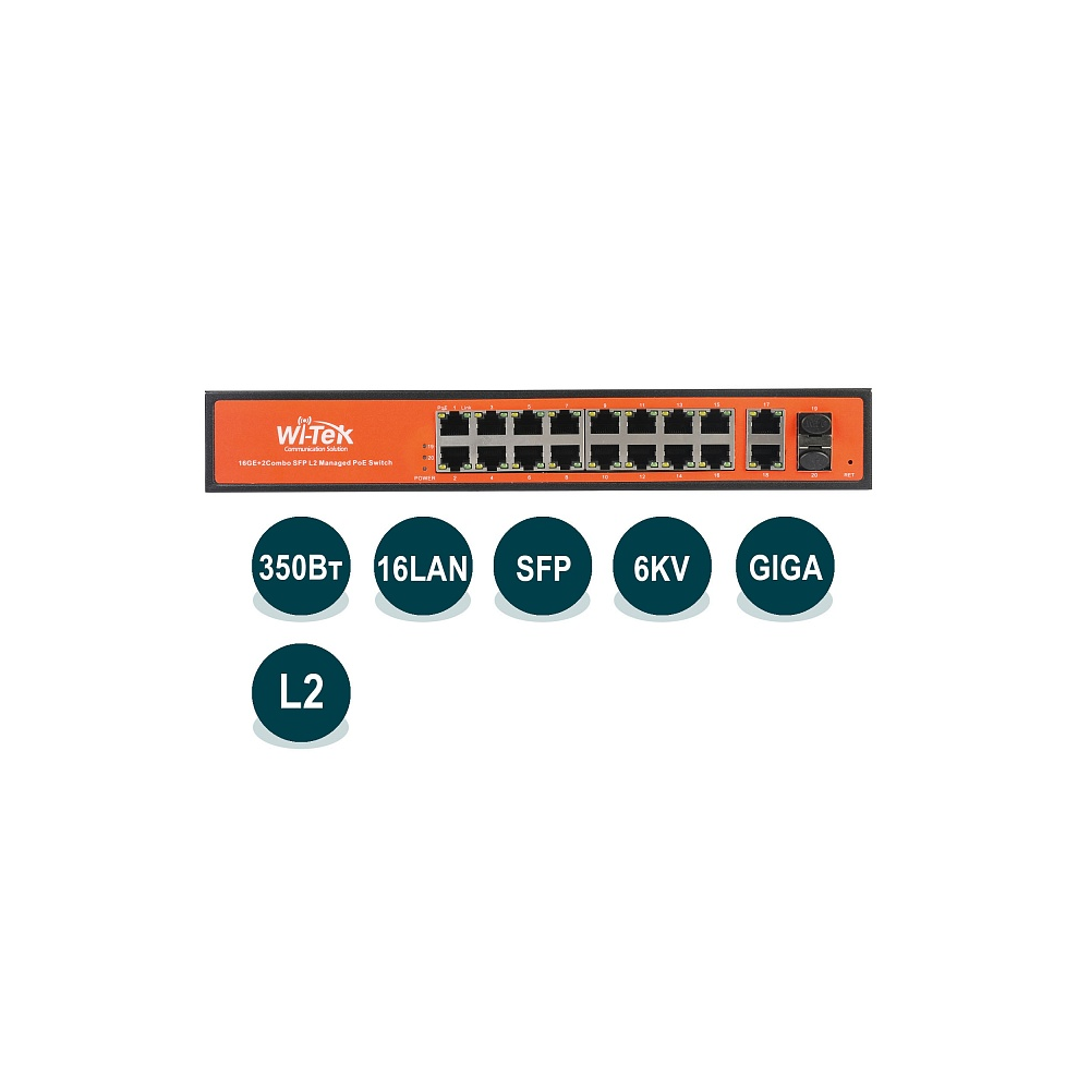 

Коммутатор Wi-Tek WI-PMS320GF, управляемый, кол-во портов: 16x1 Гбит/с, combo RJ-45/SFP 2x1 Гбит/с, PoE: 16шт.x30Вт (макс. 350Вт), WI-PMS320GF