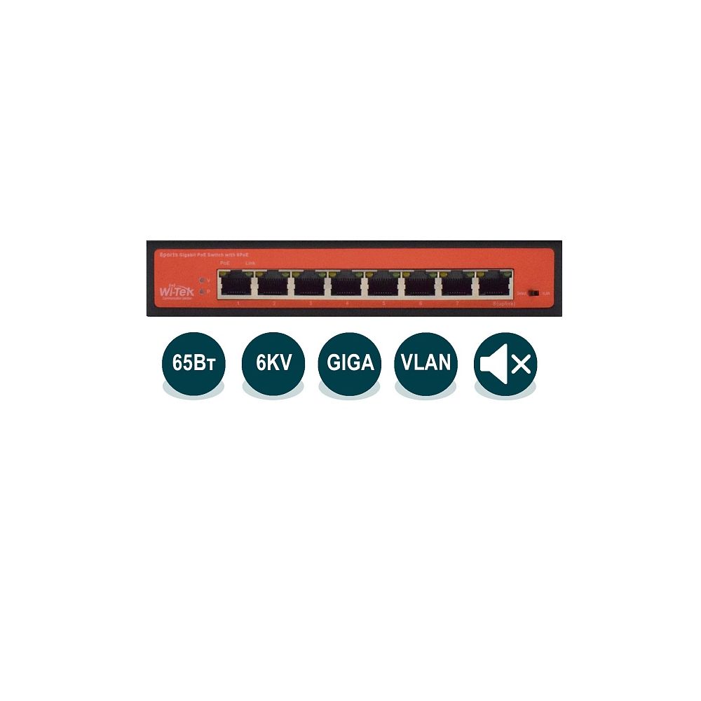 Коммутатор Wi-Tek WI-PS308GH, кол-во портов: 8x1 Гбит/с, PoE: 8шт.x60Вт (макс. 65Вт) - фото 1