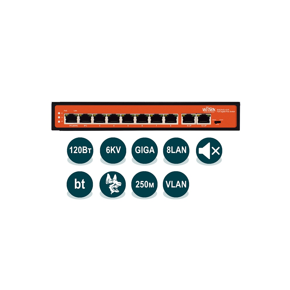 

Коммутатор Wi-Tek WI-PS308G v2 , кол-во портов: 10x1 Гбит/с, PoE: 8шт.x60Вт (макс. 120Вт), WI-PS308G v2