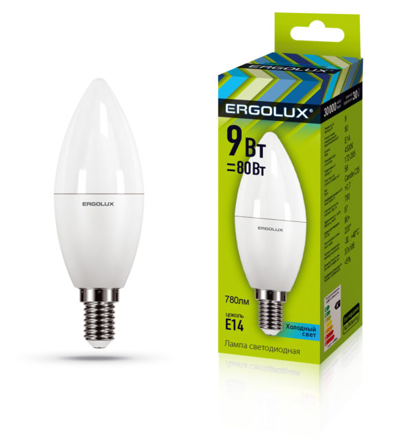 

Лампа светодиодная E14 свеча/C35, 9Вт, 4500K / холодный свет, 865лм, ERGOLUX LED-C35-9W-E14-4K (13168), LED-C35-9W-E14-4K