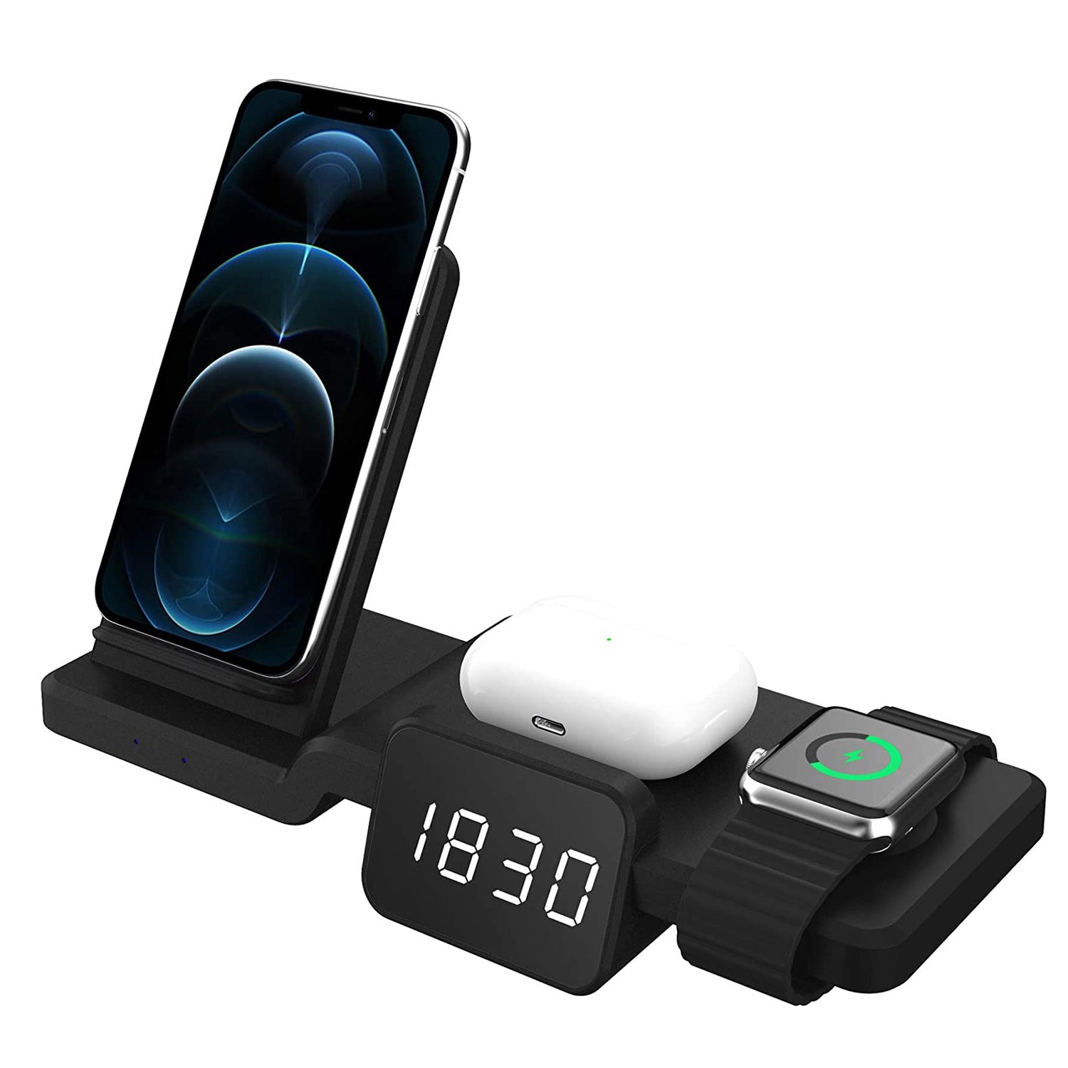 

Беспроводное зарядное устройство WC07, 15 Вт, 2А, 3 в 1 с часами, черный (127153), WC07