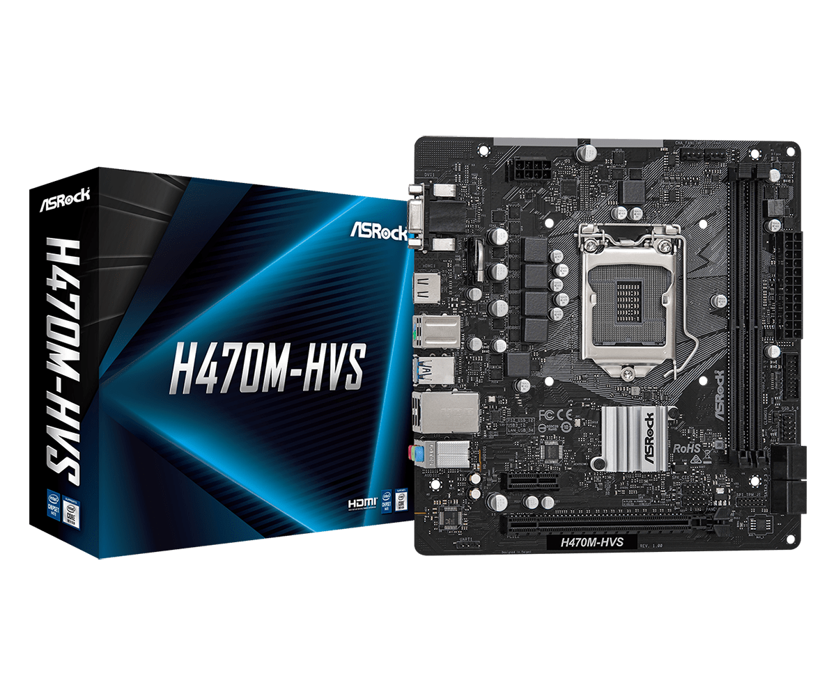 

Материнская плата ASRock H470M-HVS, Socket1200, Intel H470, 2xDDR4, PCI-Ex16, 4SATA3, 7.1-ch, GLAN, 4 USB 3.2, VGA, HDMI, mATX, Retail, H470M-HVS