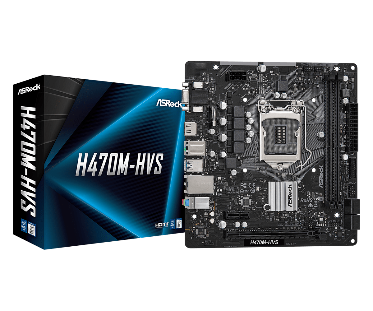 Материнская плата ASRock H470M-HVS, Socket1200, Intel H470, 2xDDR4, PCI-Ex16, 4SATA3, 7.1-ch, GLAN, 4USB 3.2, VGA, HDMI, mATX, Retail