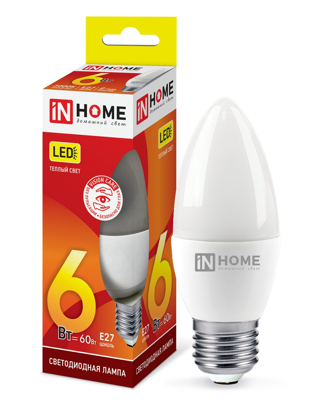 Лампа светодиодная E27 свеча/C37, 60Вт, 3000K / теплый свет, 540лм, IN HOME VC (4690612020402) - фото 1