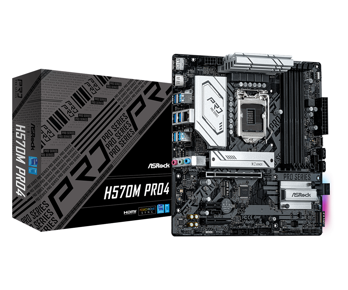 

Материнская плата ASRock H570M PRO4, Socket1200, Intel H570, 4xDDR4, PCI-Ex16, 4SATA3, 7.1-ch, GLAN, 10 USB 3.2, 1 USB Type-C, HDMI, DP, mATX, Retail, H570M PRO4