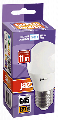 

Лампа светодиодная E27 шар/G45, 11Вт, 4000K / белый, 980лм, Jazzway PLED-SP G45 11w E27 4000K POWER (5019362), PLED-SP G45 11w E27 4000K