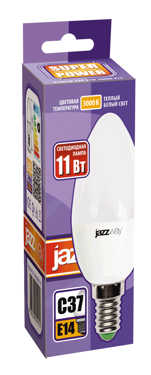 

Лампа светодиодная E14 свеча/C37, 11Вт, 3000K / теплый свет, 950лм, Jazzway PLED-SP C37 11w E14 3000K (5019157), PLED-SP C37 11w E14 3000K
