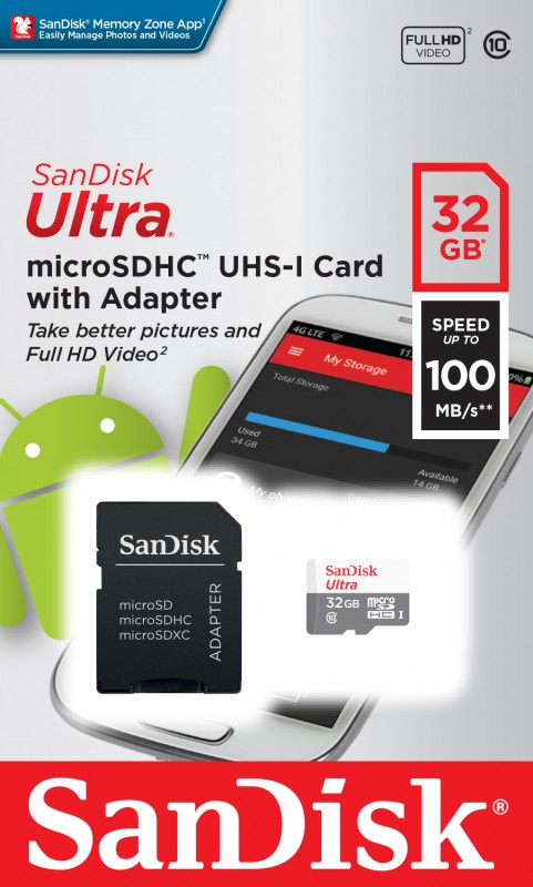 

Карта памяти 32Gb microSDHC Sandisk Class 10 UHS-I U1 + адаптер, SDSQUNR-032G-GN3MA