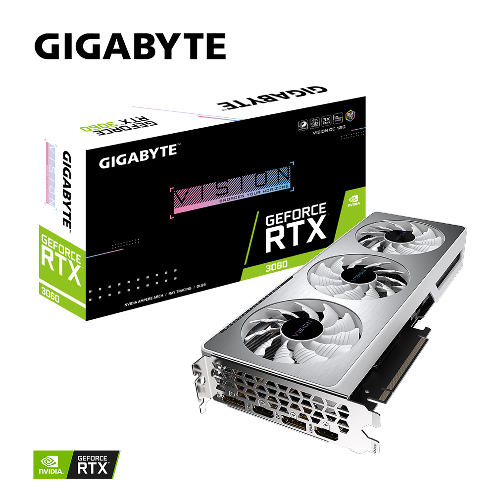 

Видеокарта GIGABYTE NVIDIA GeForce RTX 3060 VISION OC, 12Gb DDR6, 192 бит, PCI-E, 2HDMI, 2DP, Retail (GV-N3060VISION OC-12GD), VISION OC