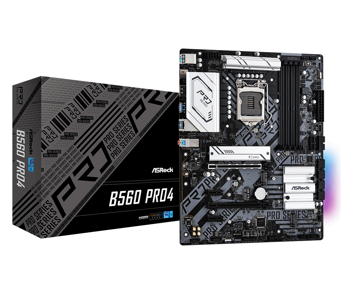 

Материнская плата ASRock B560 PRO4, Socket1200, Intel B560, 4xDDR4, 2PCI-Ex16, 6SATA3, 7.1-ch, GLAN, 8USB 3.2, USB Type-C, HDMI, DisplayPort, ATX, Retail, B560 PRO4