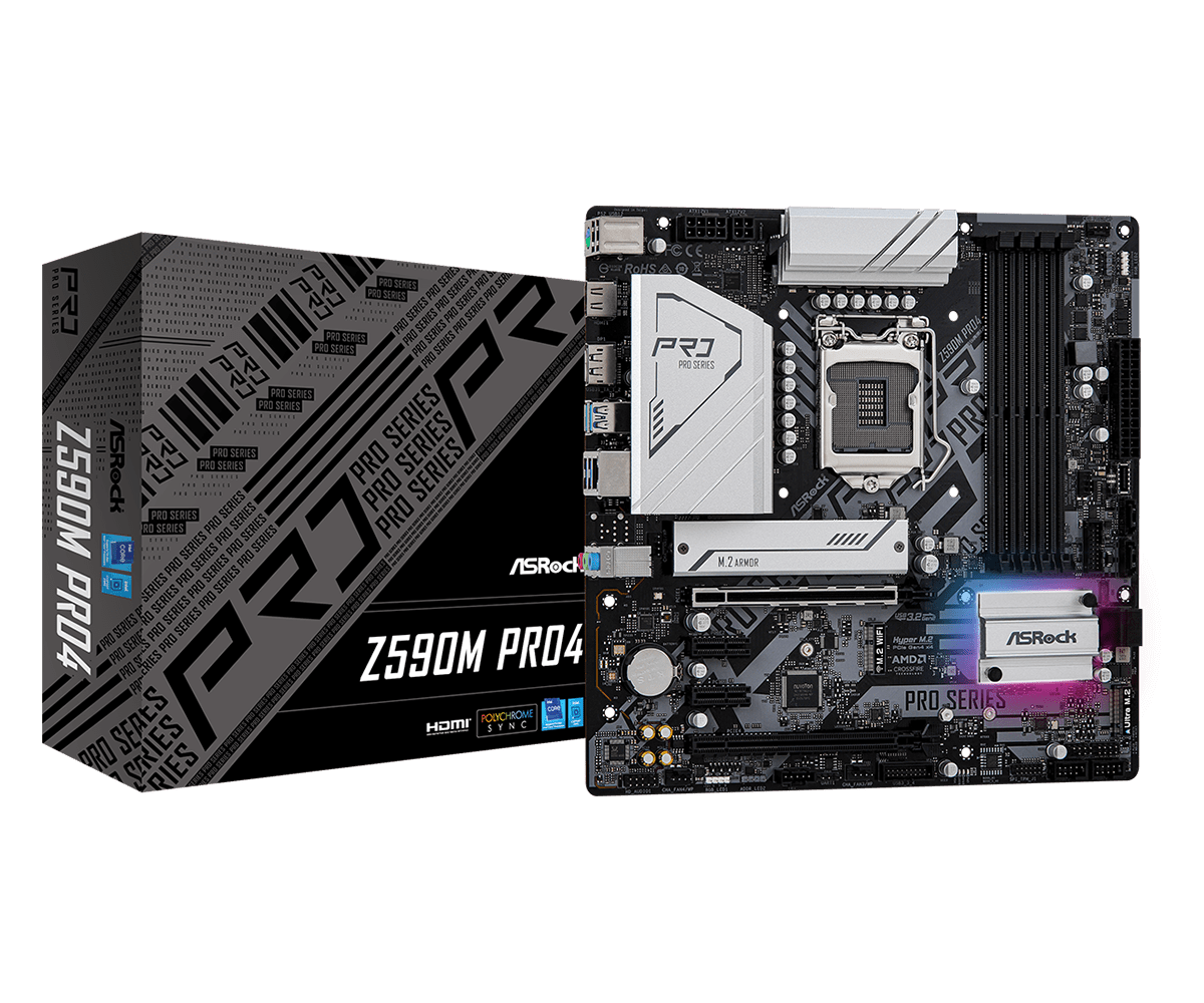 

Материнская плата ASRock Z590M PRO4, Socket1200, Intel Z590, 4xDDR4, 2PCI-Ex16, 4SATA3, 7.1-ch, GLAN, 8 USB 3.2, 1 USB Type-C, HDMI, DP, mATX, Retail, Z590M PRO4