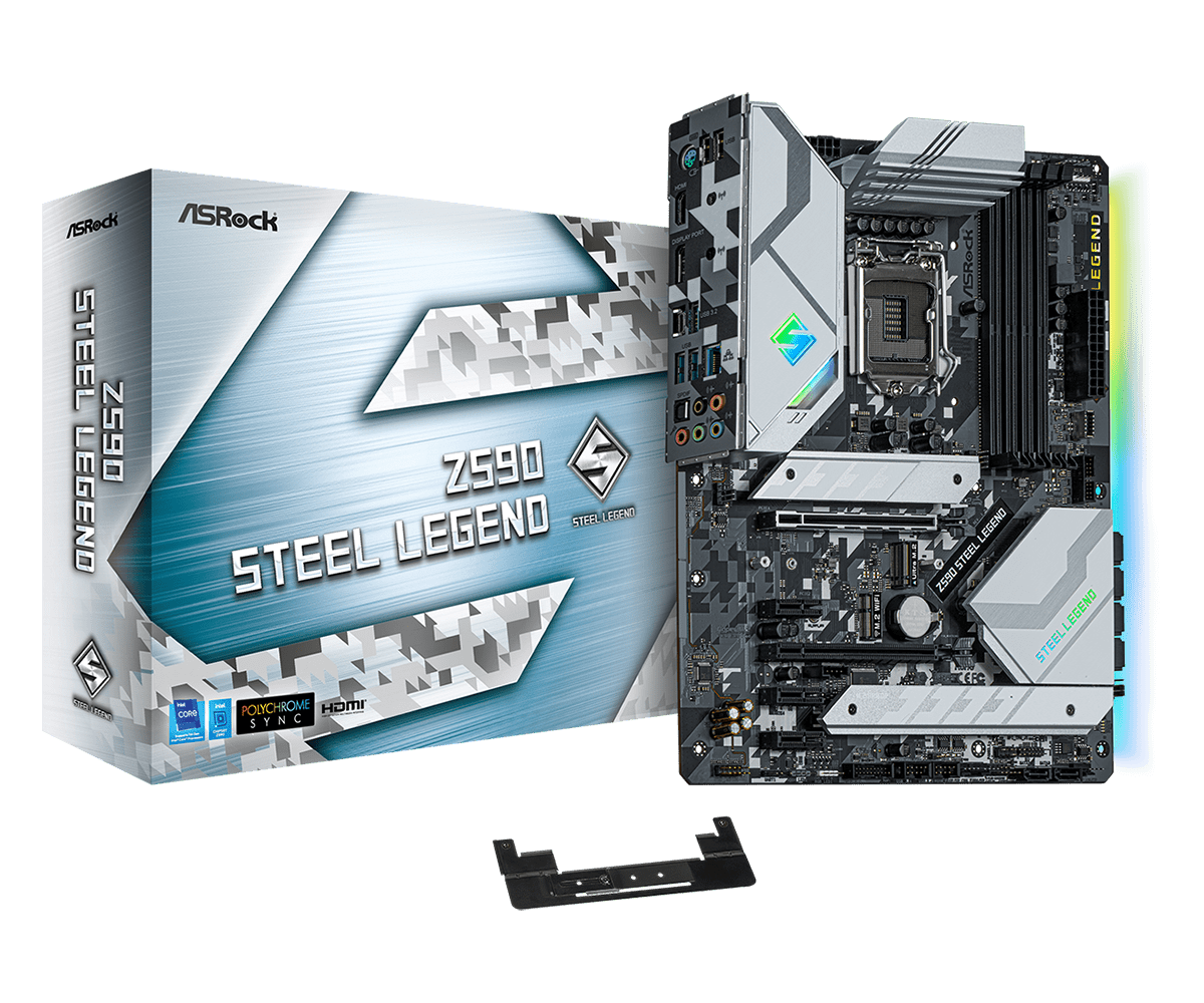 

Материнская плата ASRock Z590 STEEL LEGEND, Socket1200, Intel Z590, 4xDDR4, 2PCI-Ex16, 6SATA3, 7.1-ch, 2.5GLAN, 7 USB 3.2, 2 USB Type-C, HDMI, DP, ATX, Retail, Z590 STEEL LEGEND