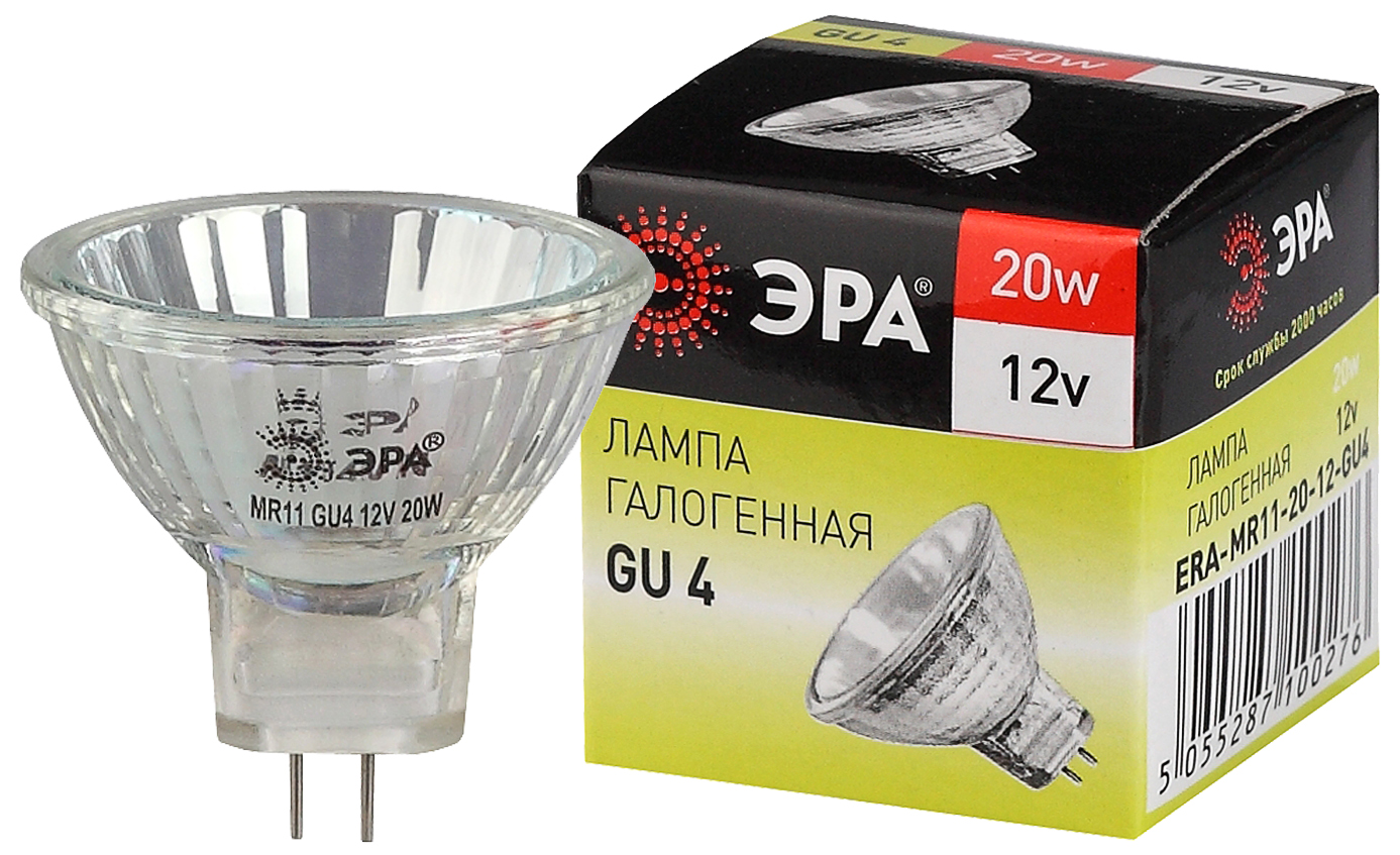 Лампа галогенная GU4, 12В, 20Вт, 280лм, 3000K/теплый, 100 Ra, ЭРА GU4-MR11-20W-12V-30CL (C0027361)