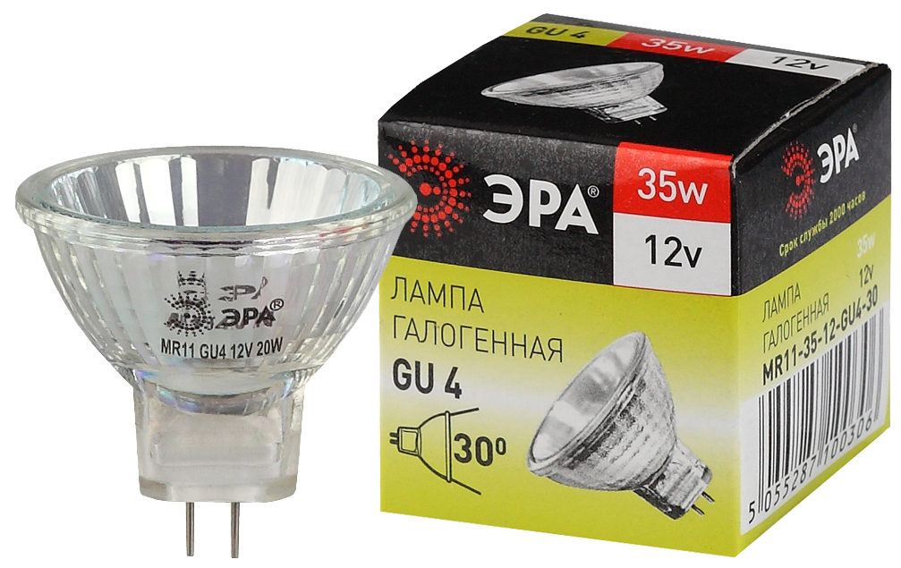 Лампа галогенная, GU4, 12 В, 35 Вт, 3000K, ЭРА GU4-MR11-35W-12V-30CL