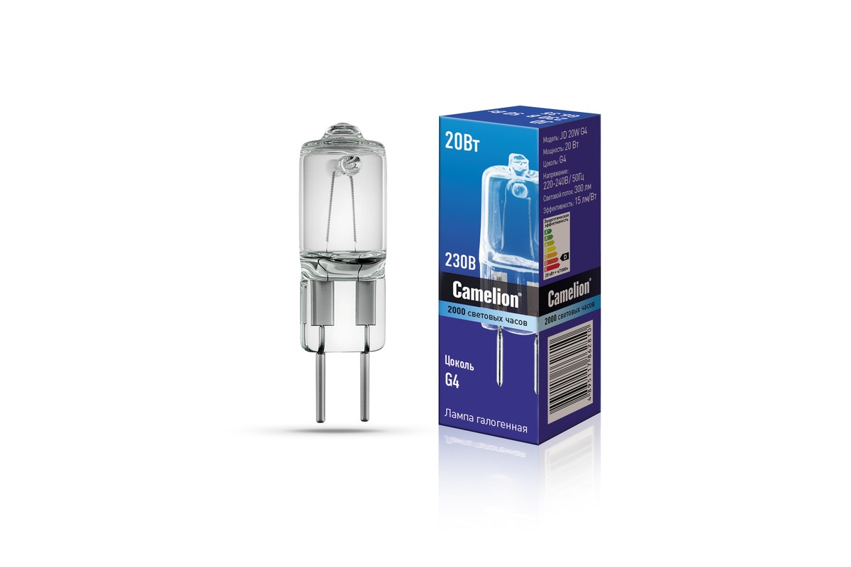 

Лампа галогенная G4, JD, 220В, 20Вт, 300лм, 2850K/теплый, 90 Ra, Camelion JD 20W G4 (10405), JD 20W G4