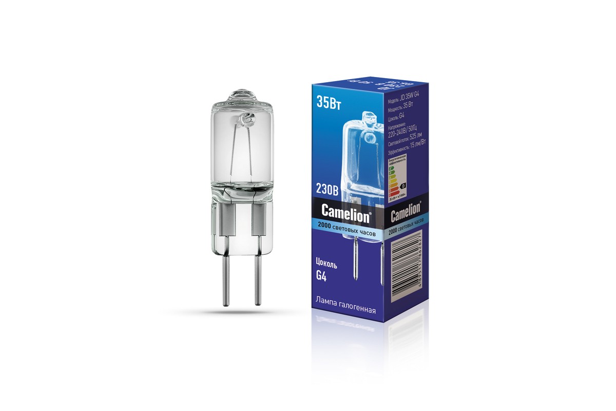 Лампа галогенная, G4, JD, 220 В, 35 Вт, 2700K, Camelion JD 35W G4