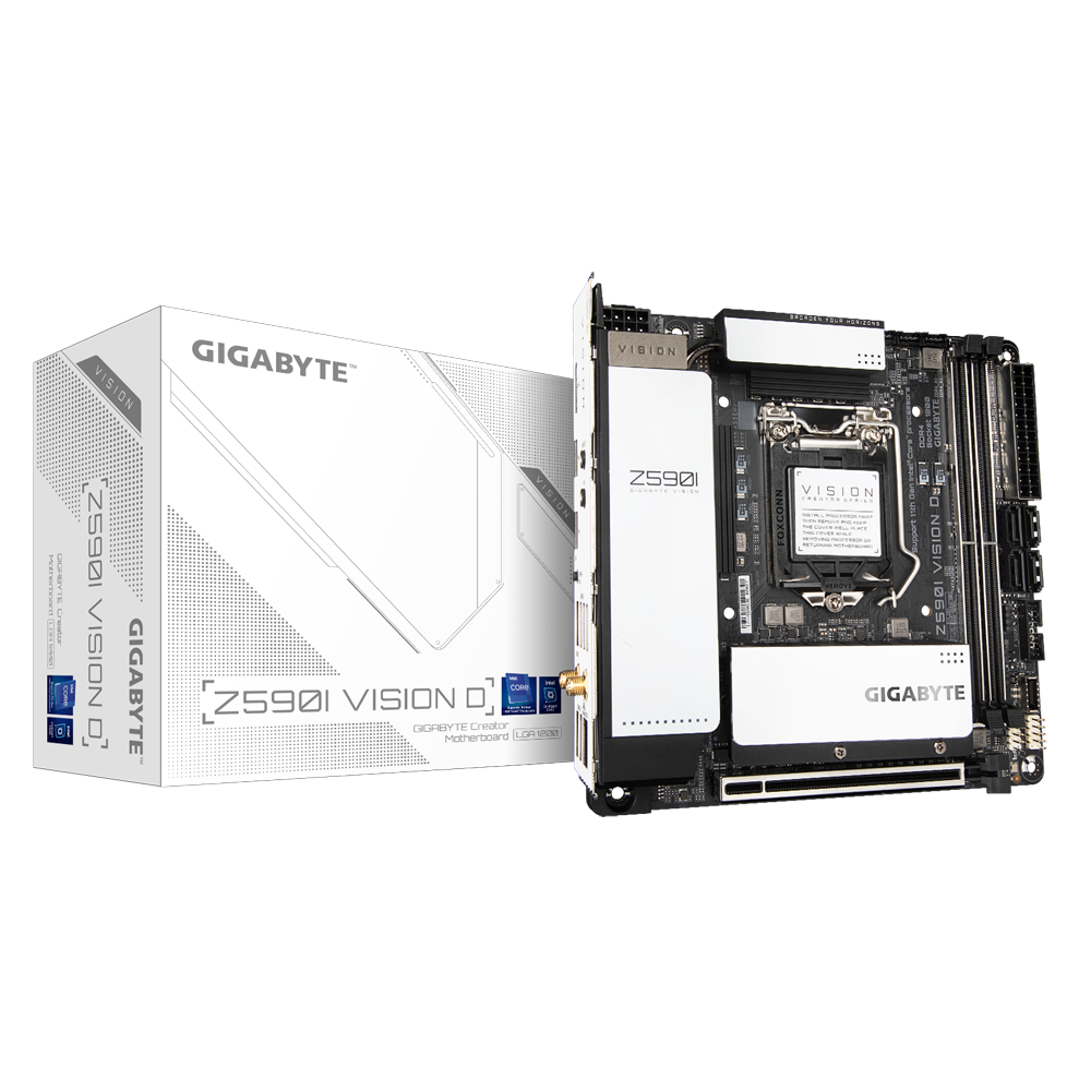 

Материнская плата GIGABYTE Z590I VISION D, Socket1200, Intel Z590, 2xDDR4, PCI-Ex16, 4SATA3, 2.0-ch, 2.5GLAN, 8USB 3.2, 3USB Type-C, mini-ITX, Retail, Z590I VISION D