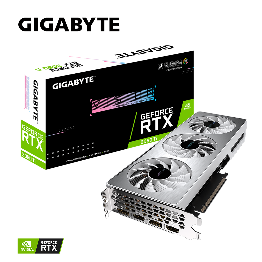 

Видеокарта GIGABYTE NVIDIA GeForce RTX 3060Ti VISION OC, 8Gb DDR6, 256 бит, PCI-E, 2HDMI, 2DP, Retail (GV-N306TVISION OC-8GD), VISION OC