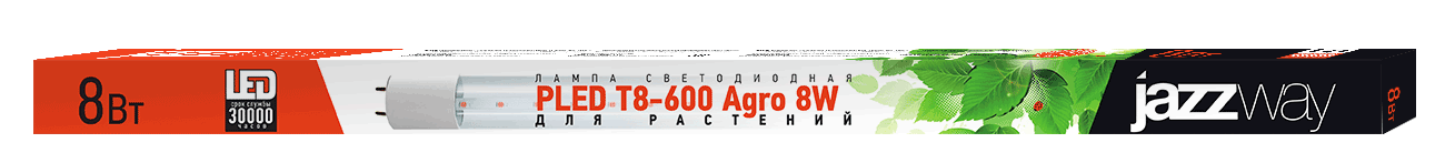 Лампа линейная светодиодная G13 PLED T8 600 Agro 8w CL G13, T8, ⌀26мм x 600мм, 8Вт, 250лм, Jazzway (5025899)