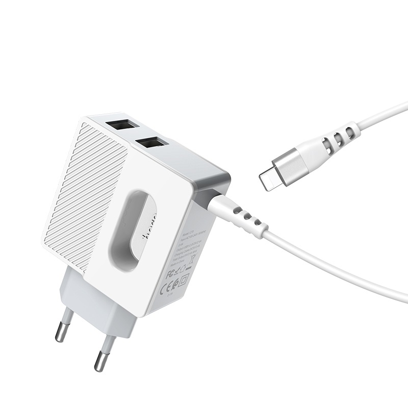 

Сетевое зарядное устройство Hoco C75, 2USB, USB type-C, 2.4A, белый, C75