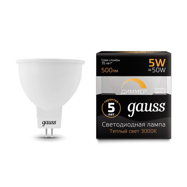 

Лампа светодиодная GU5.3, MR16, 5Вт, 500лм, 3000K/теплый, 80 Ra, GAUSS (101505105-D), -