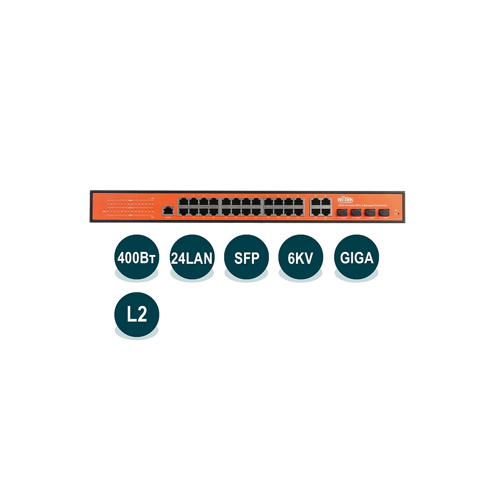 

Коммутатор Wi-Tek WI-PMS328GF, управляемый, кол-во портов: 24x1 Гбит/с, combo RJ-45/SFP 4x1 Гбит/с, PoE: 24x30Вт (макс. 400Вт), WI-PMS328GF