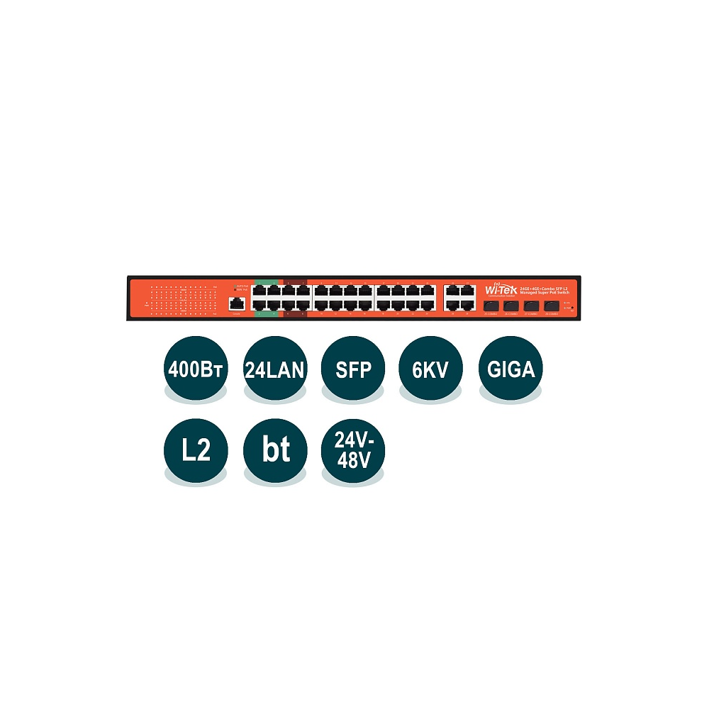 

Коммутатор Wi-Tek WI-PMS328GF-Alien, управляемый, кол-во портов: 24x1 Гбит/с, combo RJ-45/SFP 4x1 Гбит/с, PoE: 24x30Вт (макс. 400Вт), WI-PMS328GF-Alien
