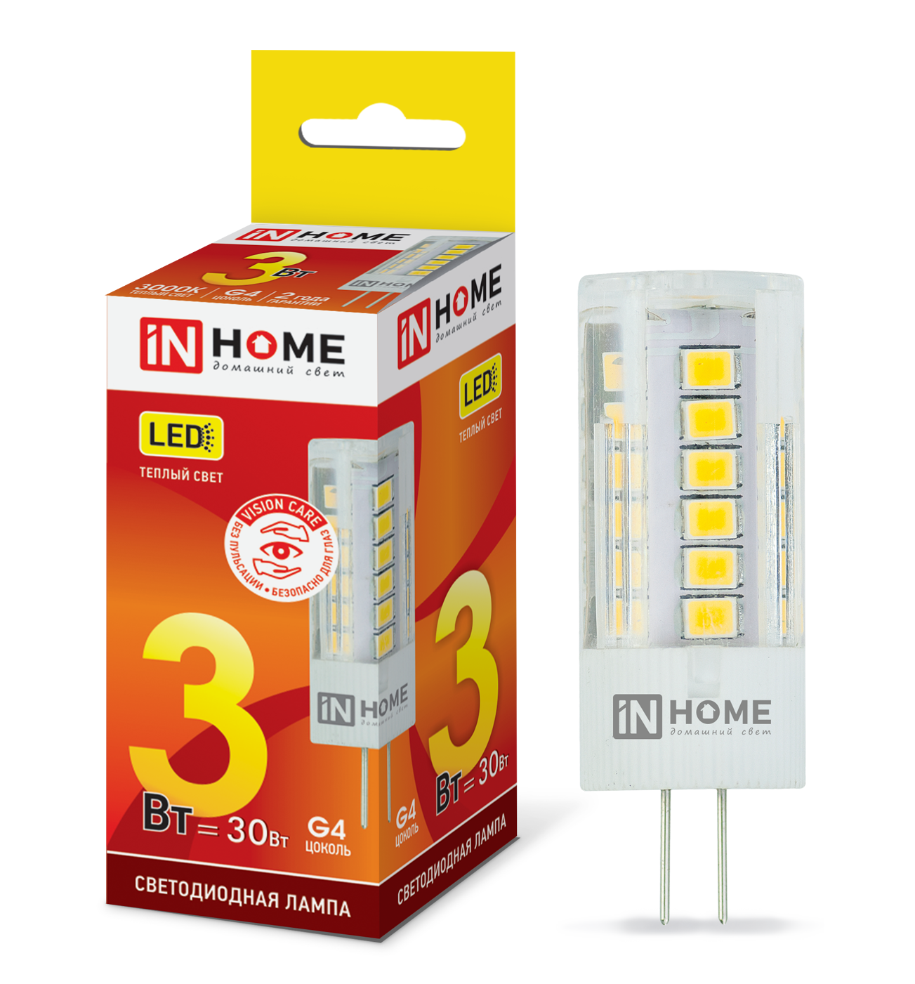 

Лампа светодиодная G4, JC, 12В, 3Вт, 270лм, 3000K/теплый, 80 Ra, IN HOME LED-JC-VC (4690612019789), LED-JC-VC