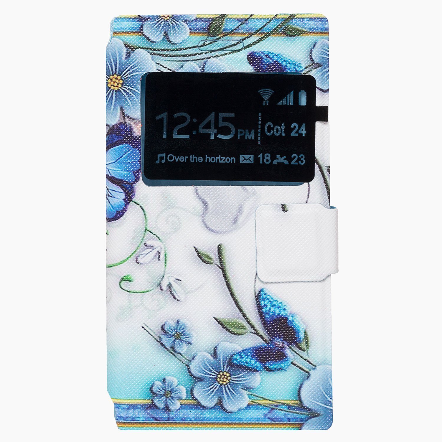 

Чехол-книжка для смартфона универсальный 4.5" (13.8x6.9x1.1см), искусственная кожа, принт синие цветы (118515)