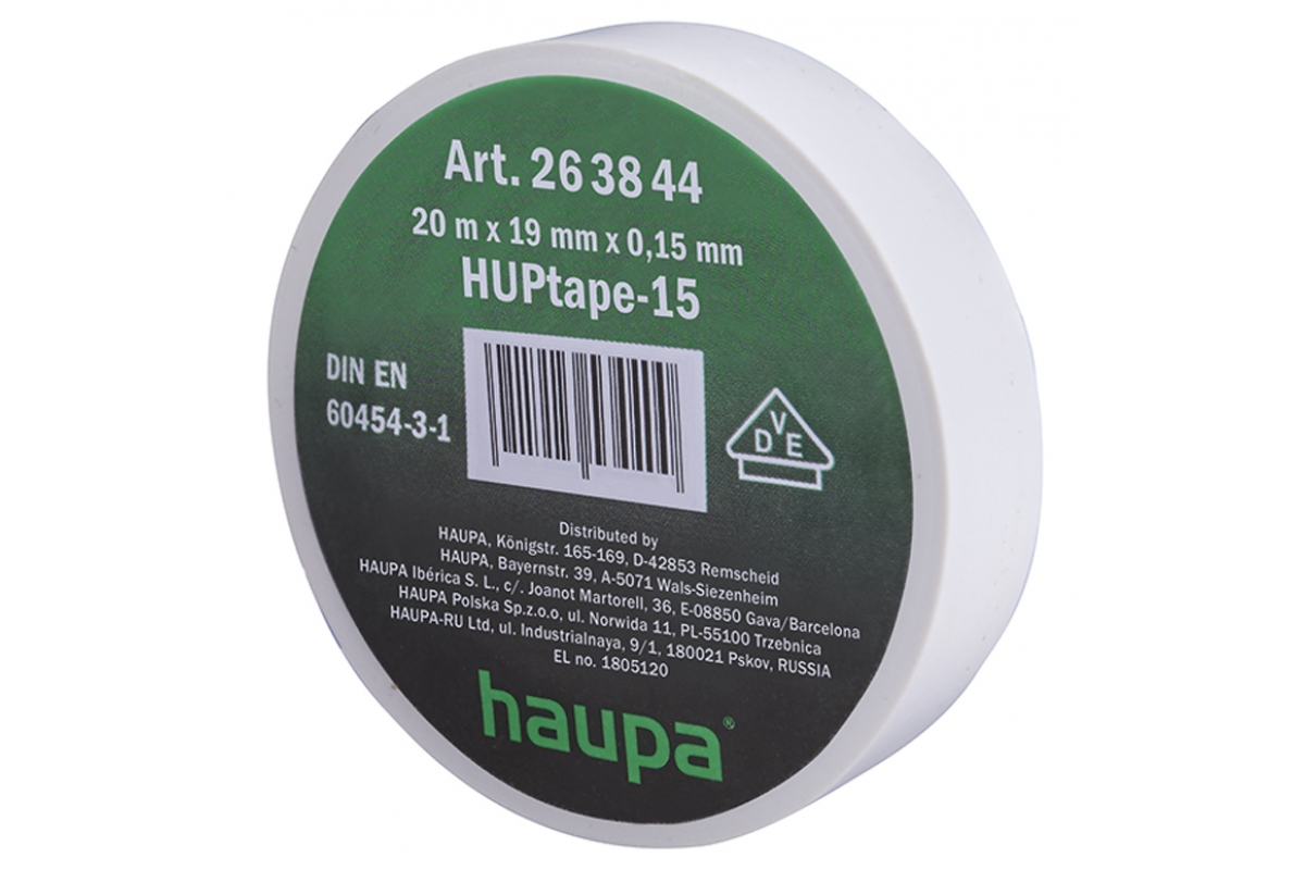 Изолента ПВХ HUPtape-15, 150 мкм/1.9 см/20 м, белая, HAUPA (263844)