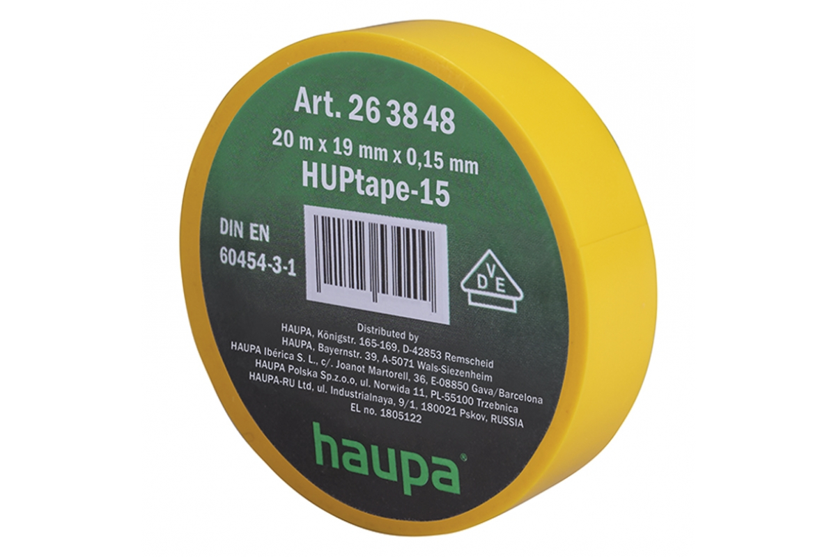 

Изолента ПВХ HUPtape-15, 150 мкм/1.9 см/20 м, желтая, HAUPA (263848), HUPtape-15