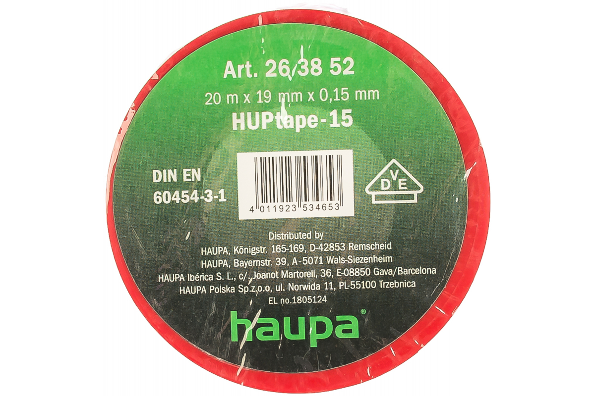 Изолента ПВХ, 150 мкм/1.9 см/20 м, красная, HAUPA HUPtape-15 (263852)