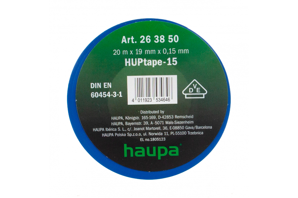 Изолента ПВХ, 150 мкм/1.9 см/20 м, синяя, HAUPA HUPtape-15 (263850)